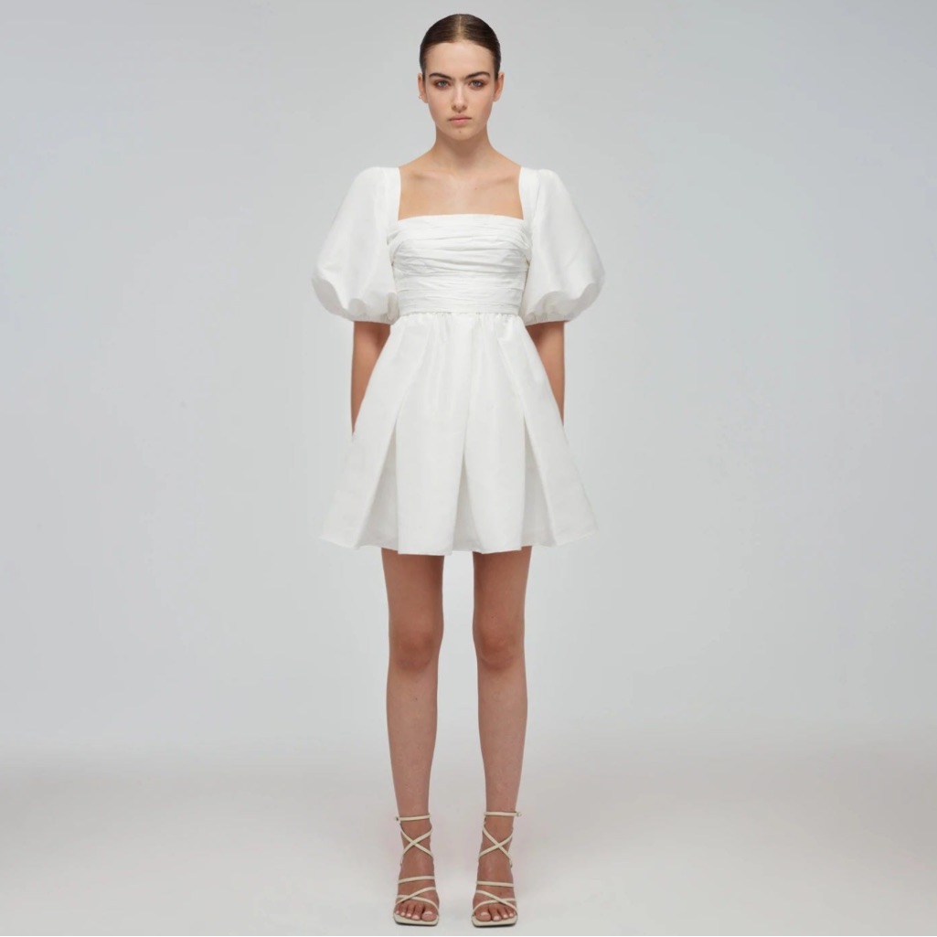 Nwd Self-Portrait Pleated Taffeta White Puff Sleeve Mini Dress -Us 8